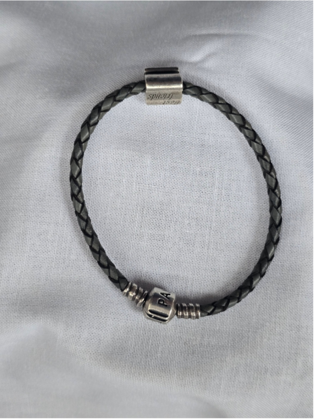 Authentic Pandora 7in Grey Braided Leather Bracelet & Retired Scroll Charm 925